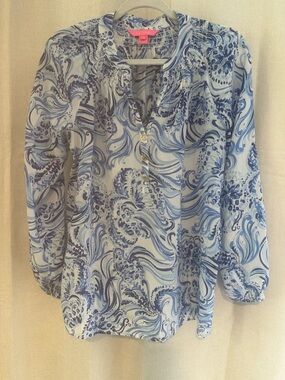 Lilly Pulitzer Light Blue Paisley Smocked-Neck Blouse